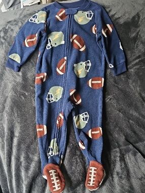 Carter's Navy Blue Football & Helmet Fleece Footed One-Piece